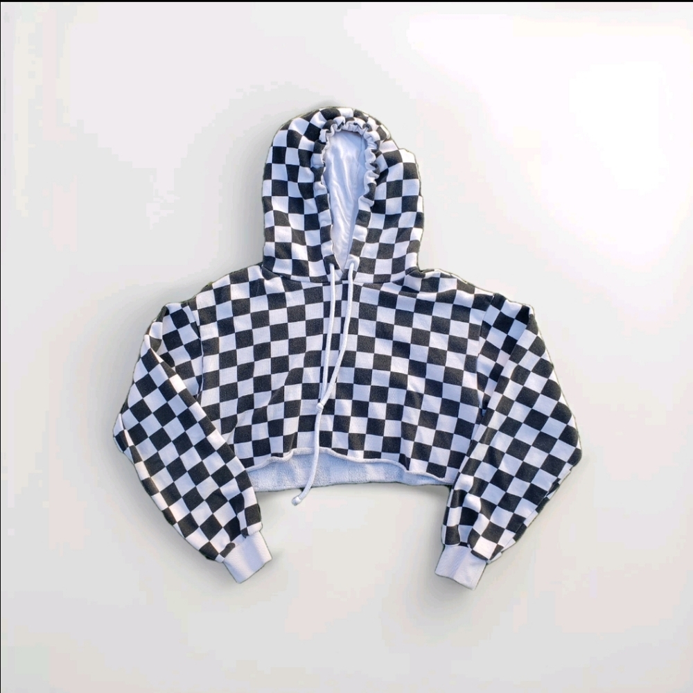 Checkered Black and White Cropped Hoodie